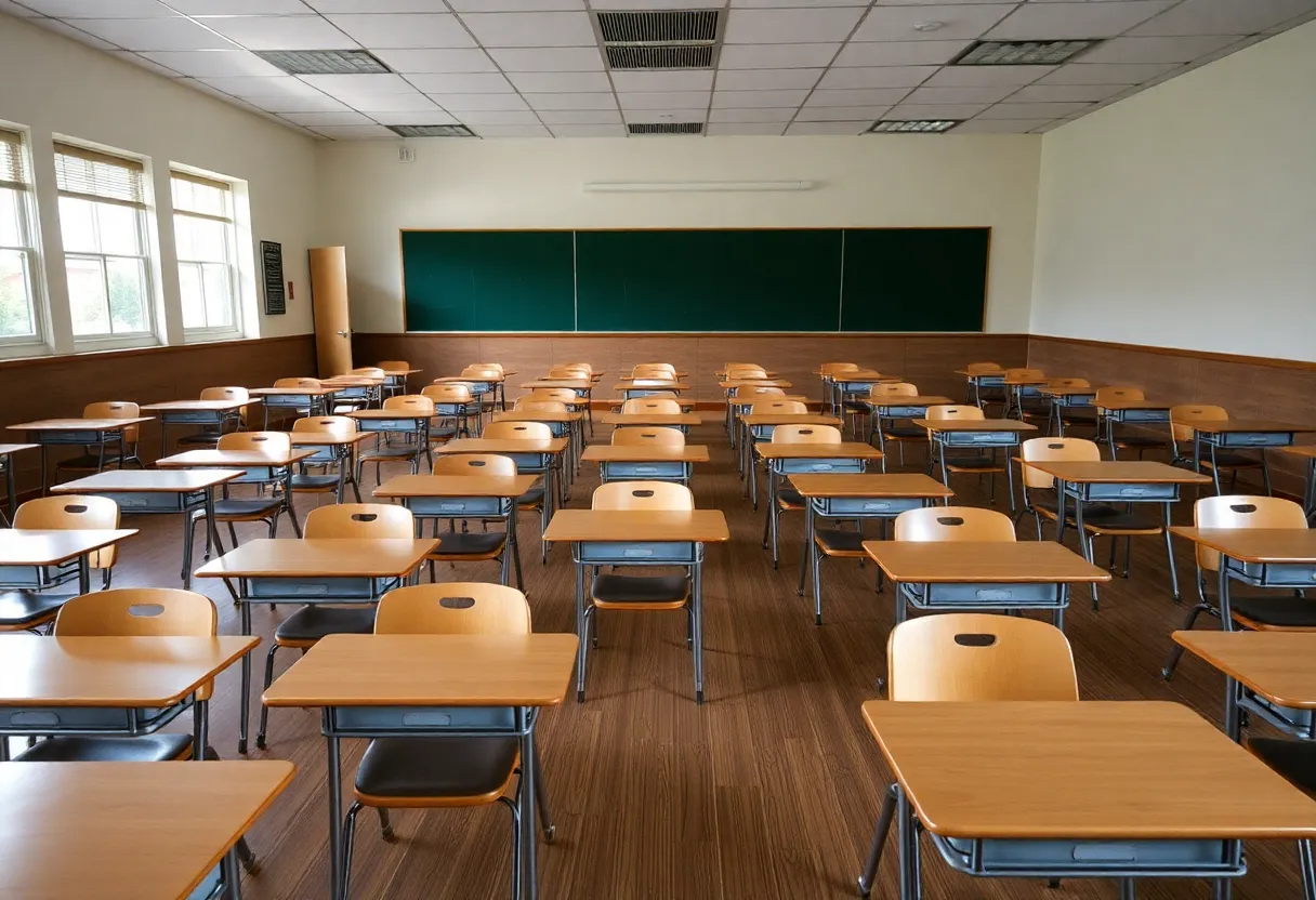 Classroom with empty desks representing school enrollment decline