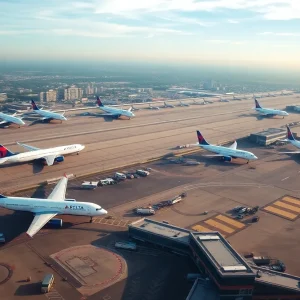 Delta Airlines plane at Memphis International Airport with a New York City skyline in the background.