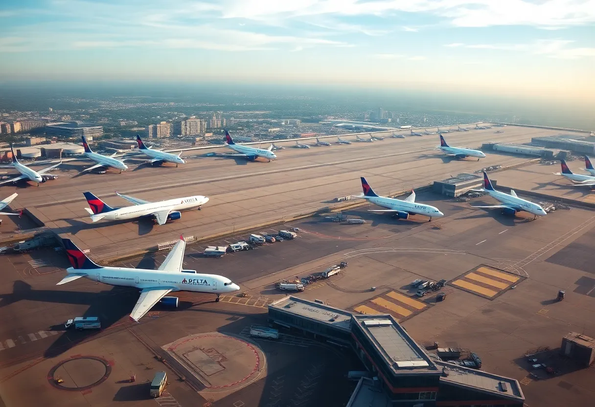 Delta Airlines plane at Memphis International Airport with a New York City skyline in the background.