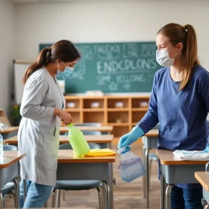 Classroom being cleaned to prevent diseases