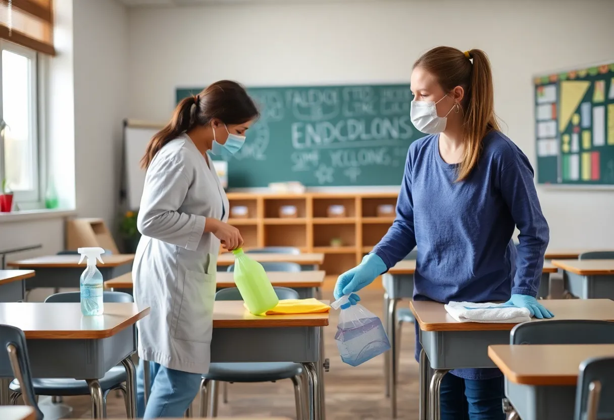 Classroom being cleaned to prevent diseases
