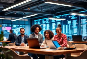 Group of diverse entrepreneurs collaborating in a fintech workspace