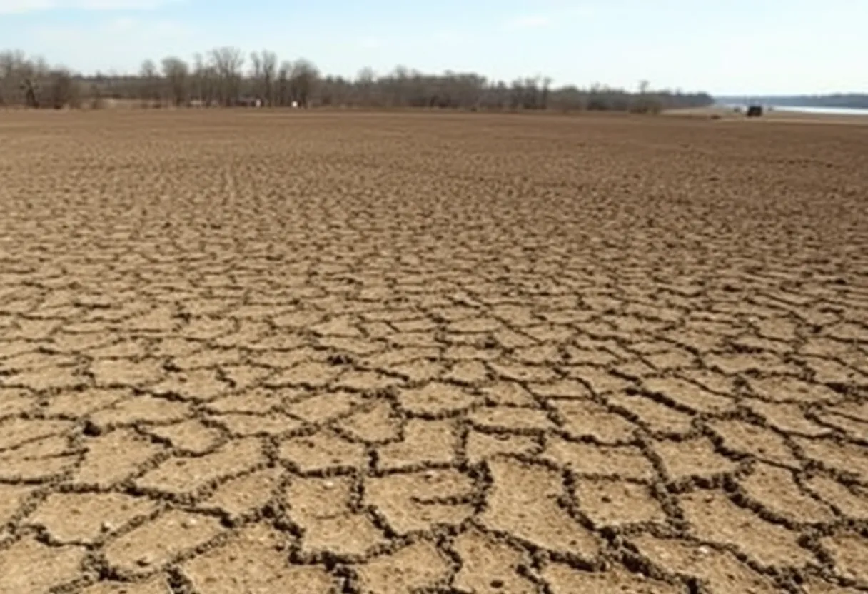 Dried field and low river levels in Memphis during a drought