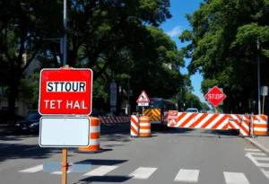 Construction work on Dunlap Street with detour signage.