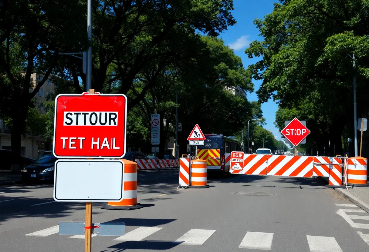 Construction work on Dunlap Street with detour signage.