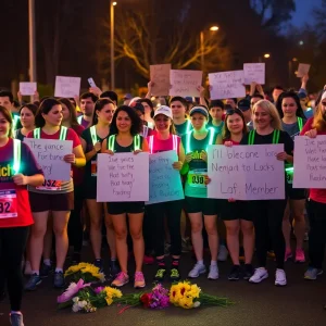 Participants of the Eliza Fletcher Memorial Run holding signs and lights in memory of a young mother.