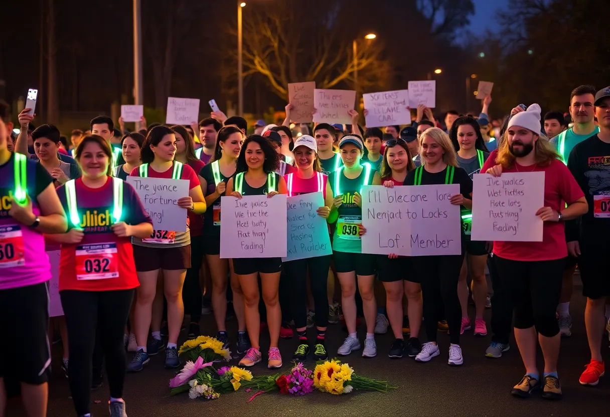 Participants of the Eliza Fletcher Memorial Run holding signs and lights in memory of a young mother.
