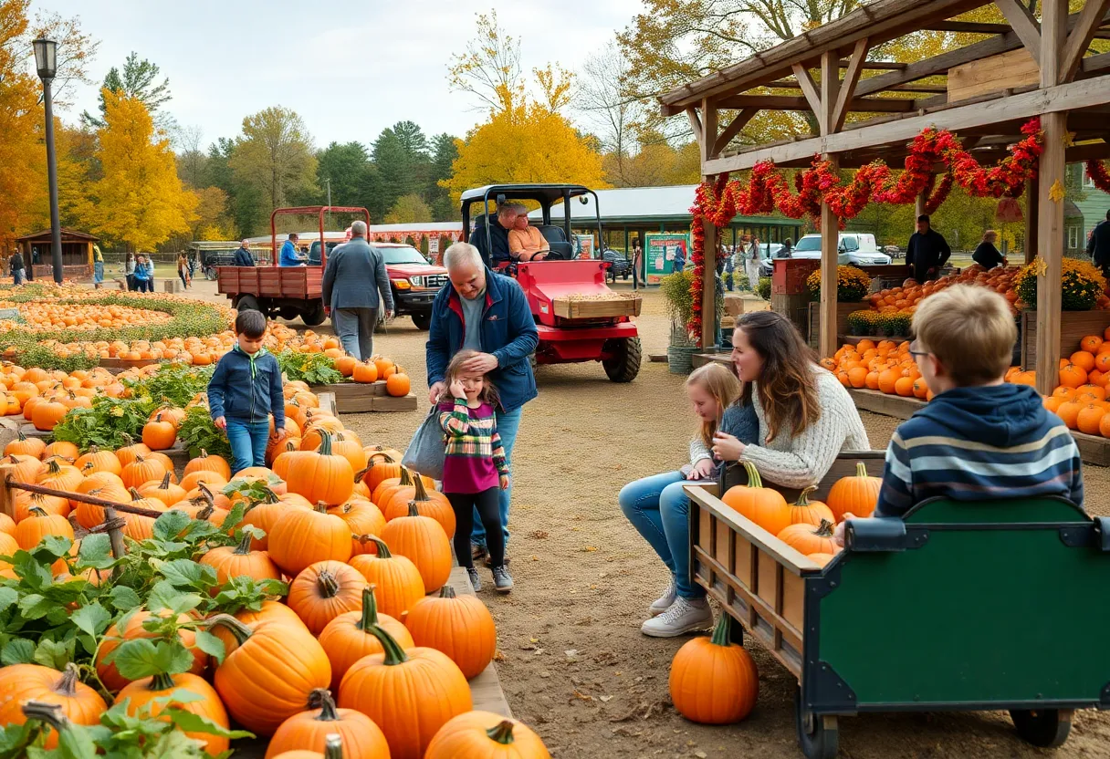 Families at a pumpkin patch in Atlanta during autumn.