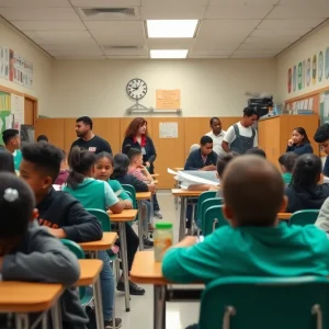 Students and teachers engaged in classroom activities on the first day of school in Memphis.