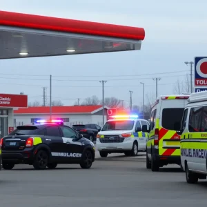 Emergency vehicles outside a gas station after an incident