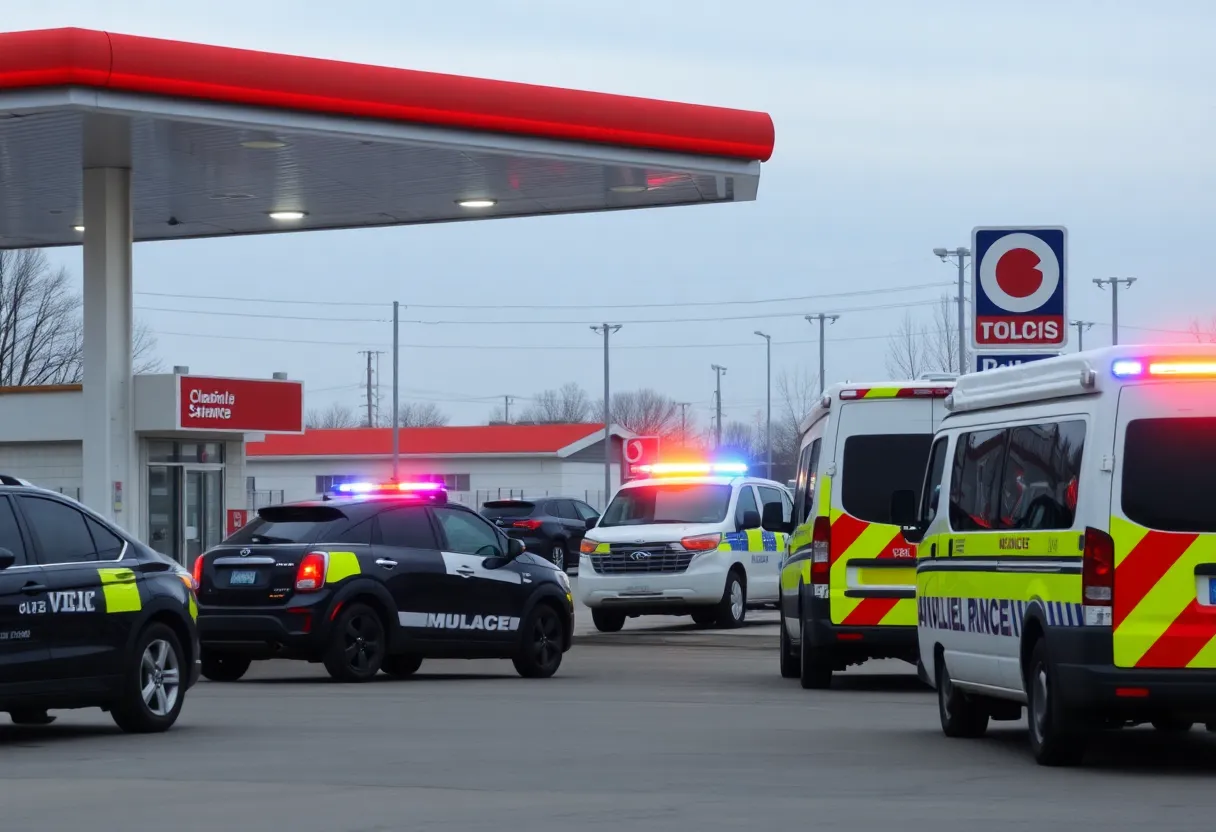 Emergency vehicles outside a gas station after an incident