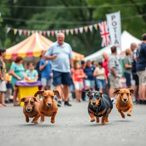 Attendees enjoying the Germantown Festival with dachshunds and vendor booths