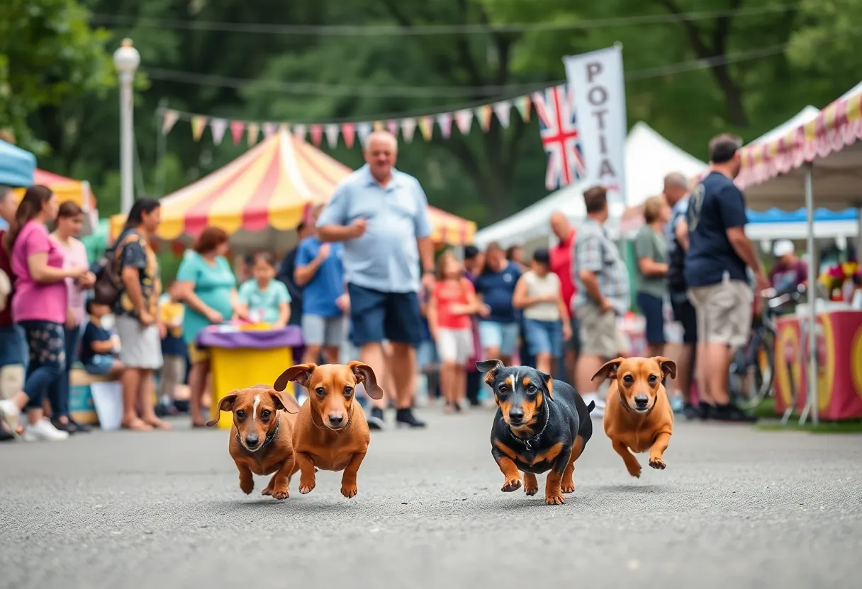Attendees enjoying the Germantown Festival with dachshunds and vendor booths