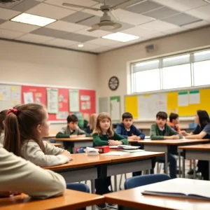 Students in a classroom setting focused on discussions with safety measures.