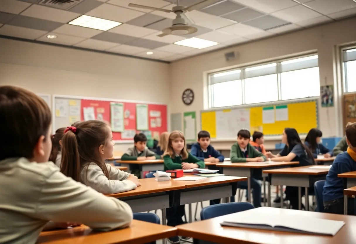 Students in a classroom setting focused on discussions with safety measures.