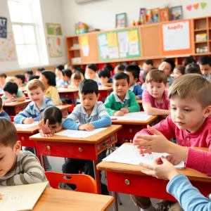 Children in a classroom practicing hand hygiene to prevent disease.
