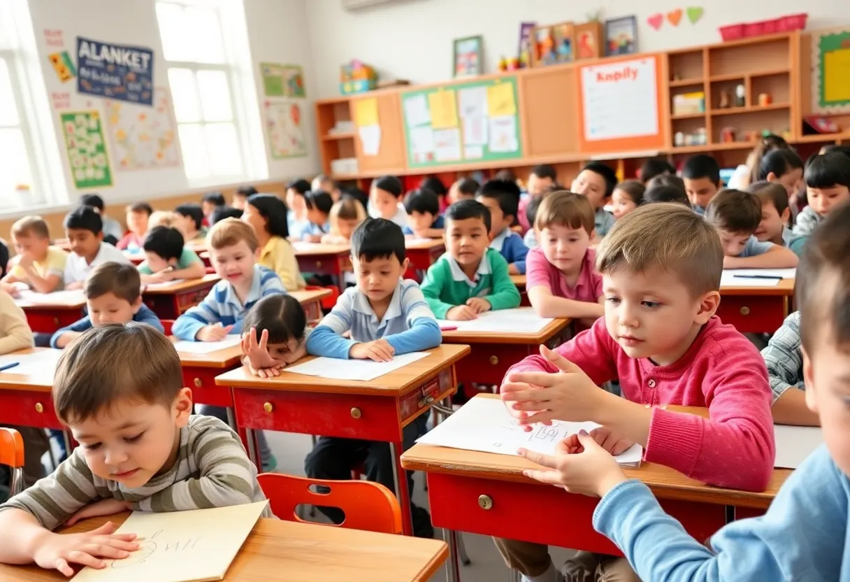 Children in a classroom practicing hand hygiene to prevent disease.
