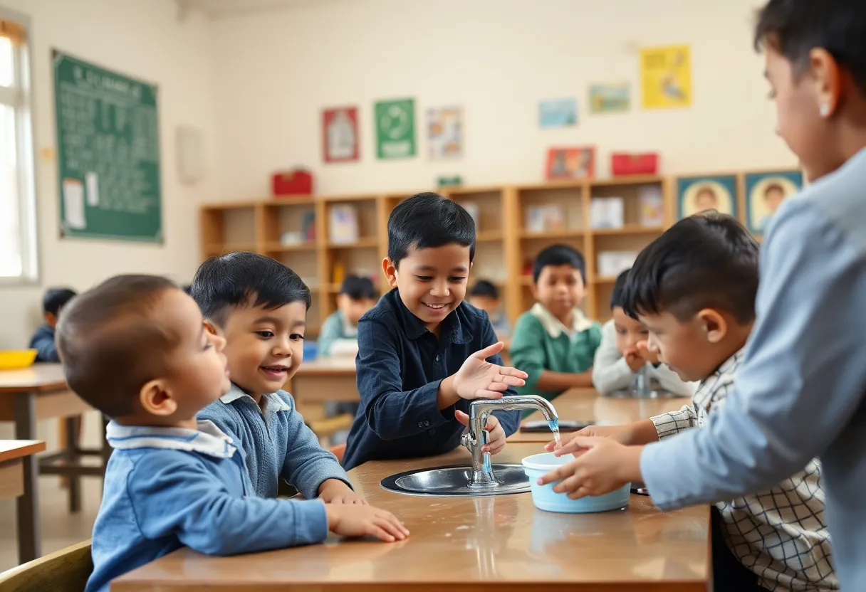 Children practicing good hygiene in a classroom setting to prevent hand, foot, and mouth disease.