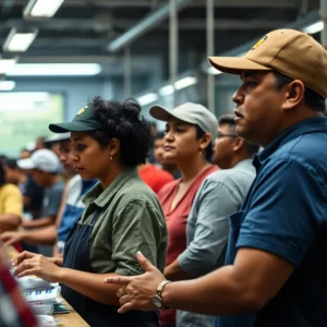 Workers at a factory during an immigration enforcement raid