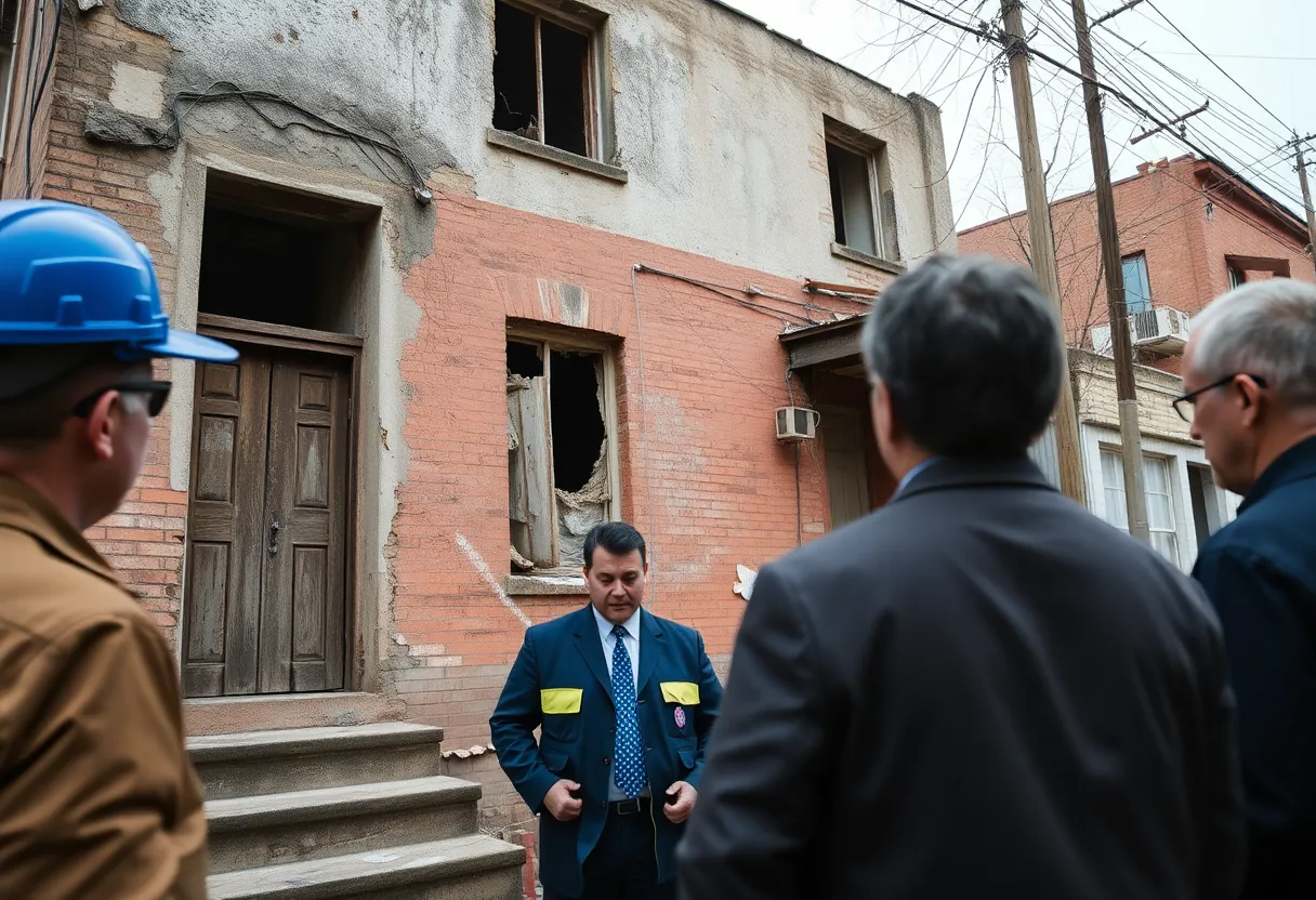 City officials inspecting a dilapidated building in Memphis.