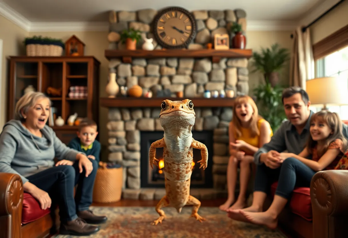 A knob-tailed gecko on a mantel in a living room
