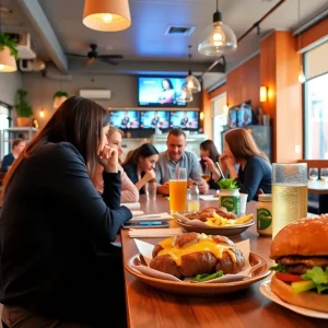 Vibrant interior of LA-91 restaurant with diners enjoying their meals.