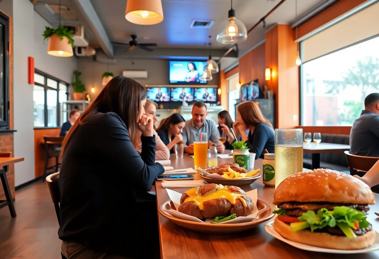 Vibrant interior of LA-91 restaurant with diners enjoying their meals.