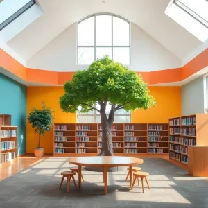 Interior view of Liza's Library with vibrant colors and a tree symbolizing comfort.