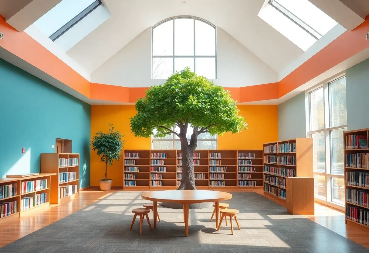 Interior view of Liza's Library with vibrant colors and a tree symbolizing comfort.