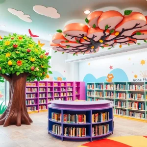 Liza's Library at St. Mary's Episcopal School featuring a storybook tree design.