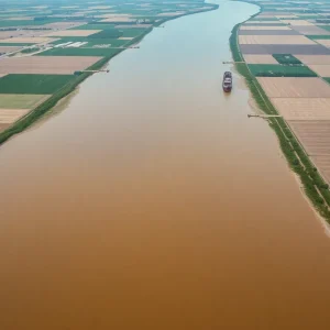 Aerial view of the Mississippi River with low water levels and surrounding agricultural fields.