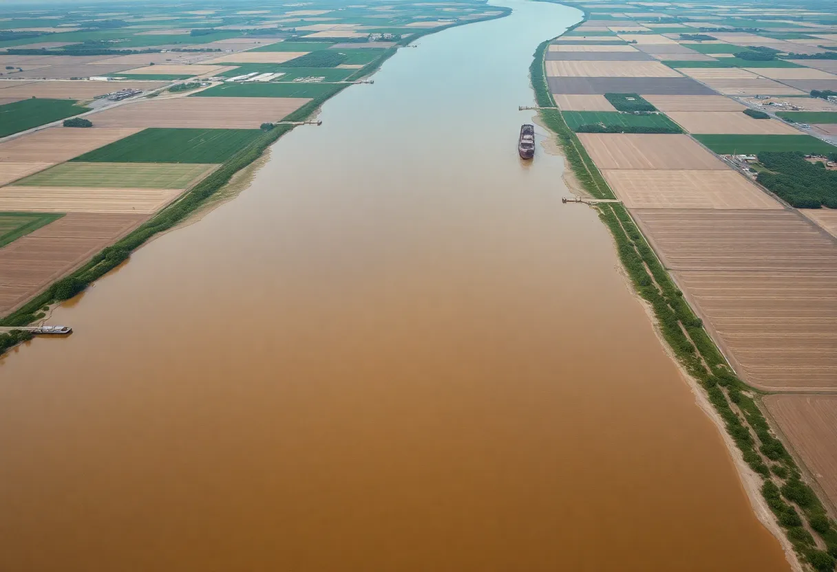 Aerial view of the Mississippi River with low water levels and surrounding agricultural fields.