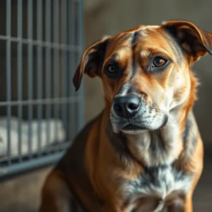 A malnourished dog in a shelter showing signs of neglect