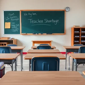 Empty classroom desks and educational supplies highlighting teacher shortage in Memphis.