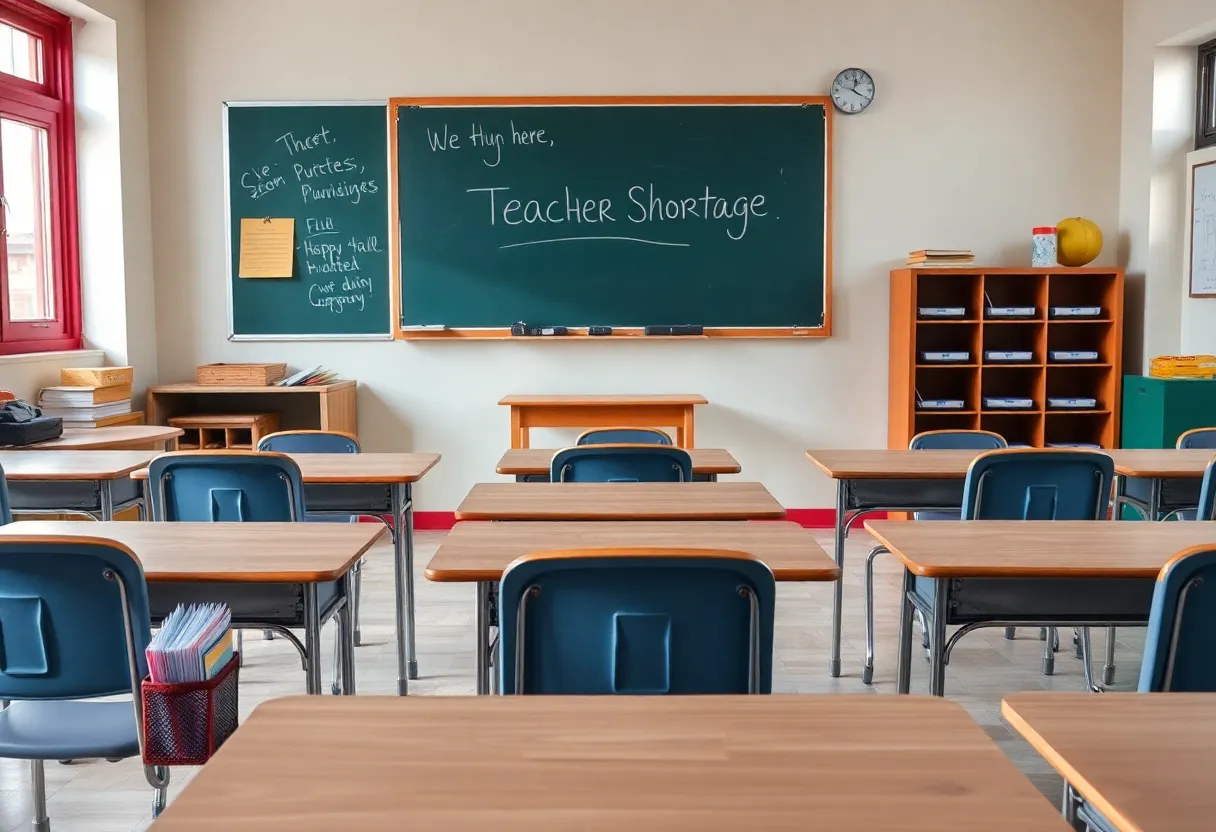 Empty classroom desks and educational supplies highlighting teacher shortage in Memphis.