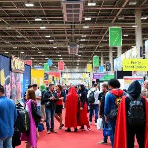 Scene from Memphis Comic Expo showing fans, comic book booths, and activities.
