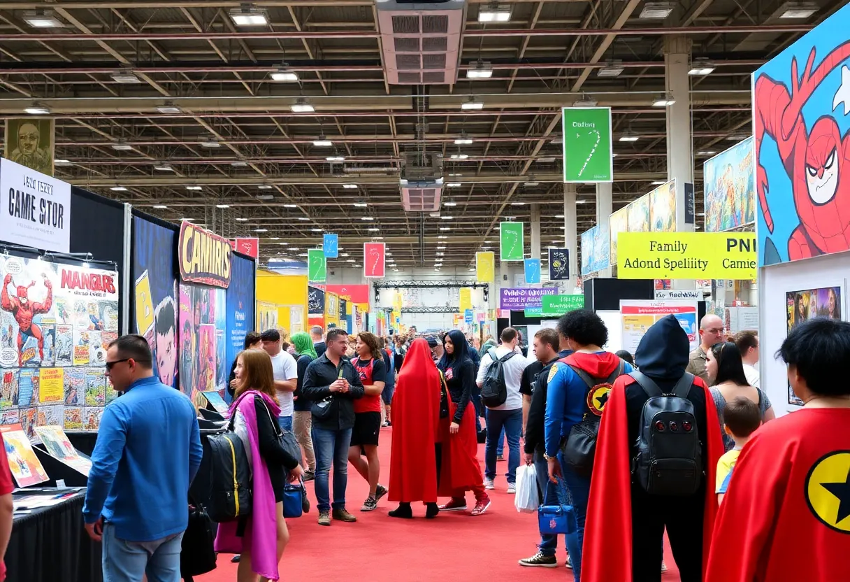 Scene from Memphis Comic Expo showing fans, comic book booths, and activities.