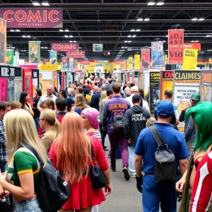 Attendees enjoying the Memphis Comic Expo with comic book creators in a colorful setting.