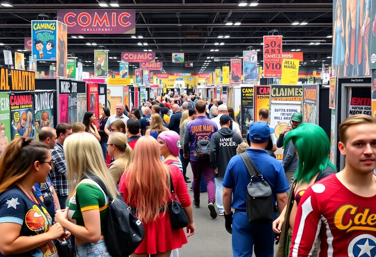 Attendees enjoying the Memphis Comic Expo with comic book creators in a colorful setting.