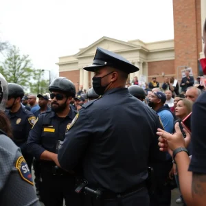 Police officers interacting with a community activist outside a government building in Memphis.