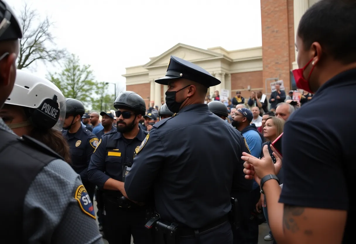 Police officers interacting with a community activist outside a government building in Memphis.