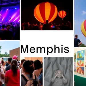 Collage of Memphis events including a concert, balloon festival, and art exhibit
