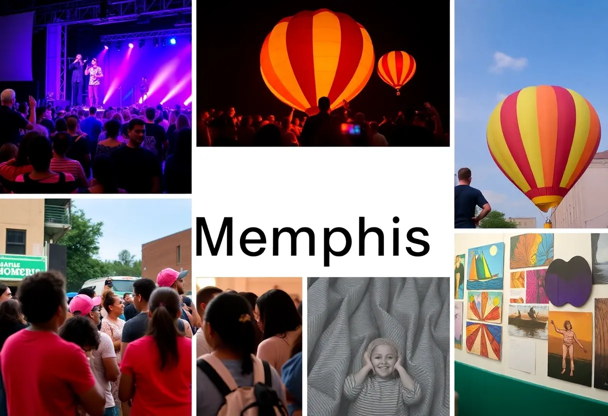 Collage of Memphis events including a concert, balloon festival, and art exhibit