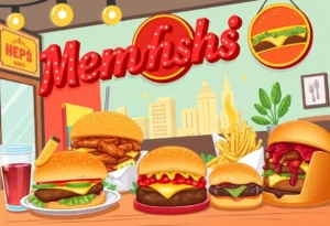 Illustration of Memphis culinary dishes on a table