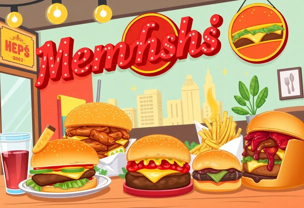 Illustration of Memphis culinary dishes on a table