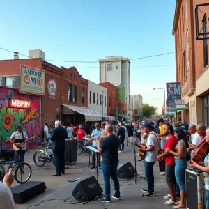 Vibrant street scene in Memphis with live music and local art.