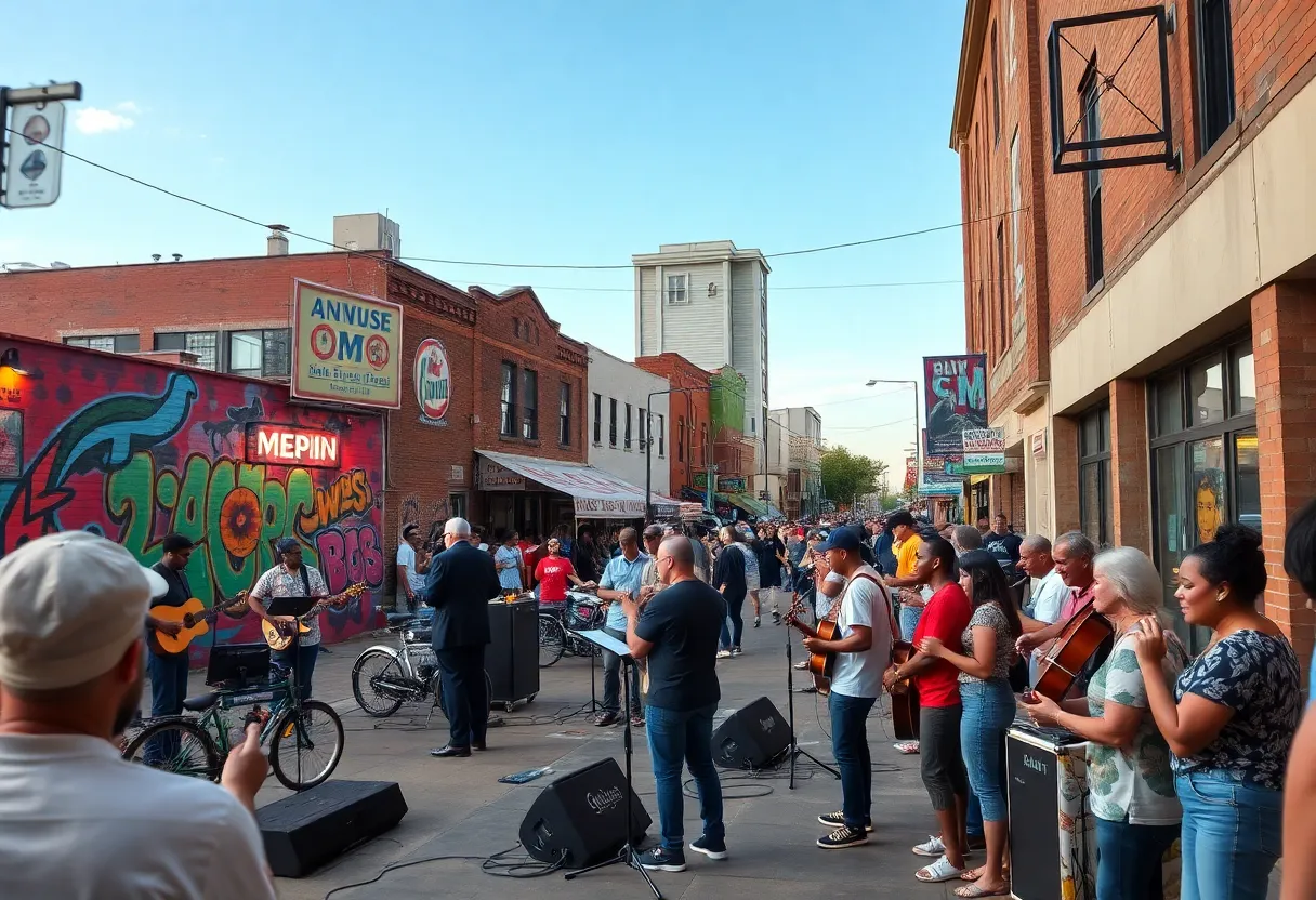 Vibrant street scene in Memphis with live music and local art.