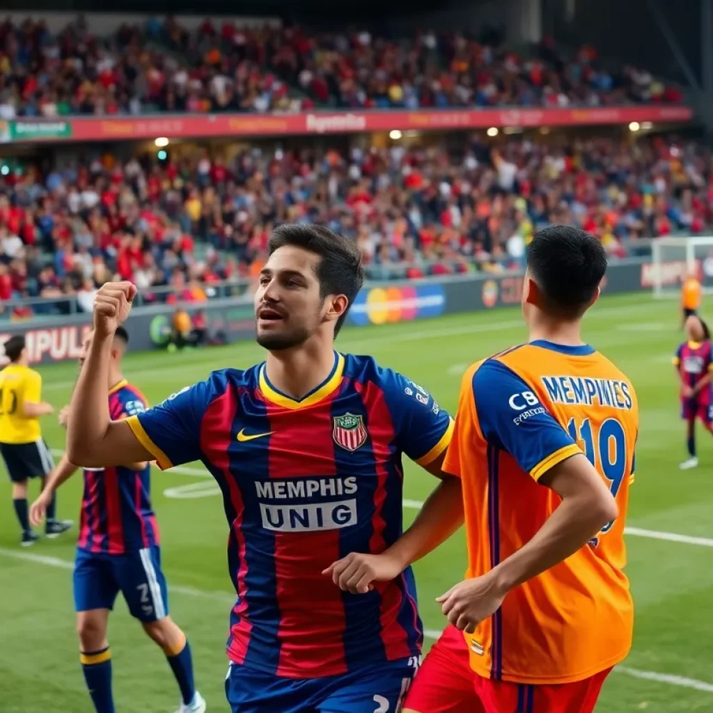 Fans cheering at a Memphis FC soccer game in a local stadium