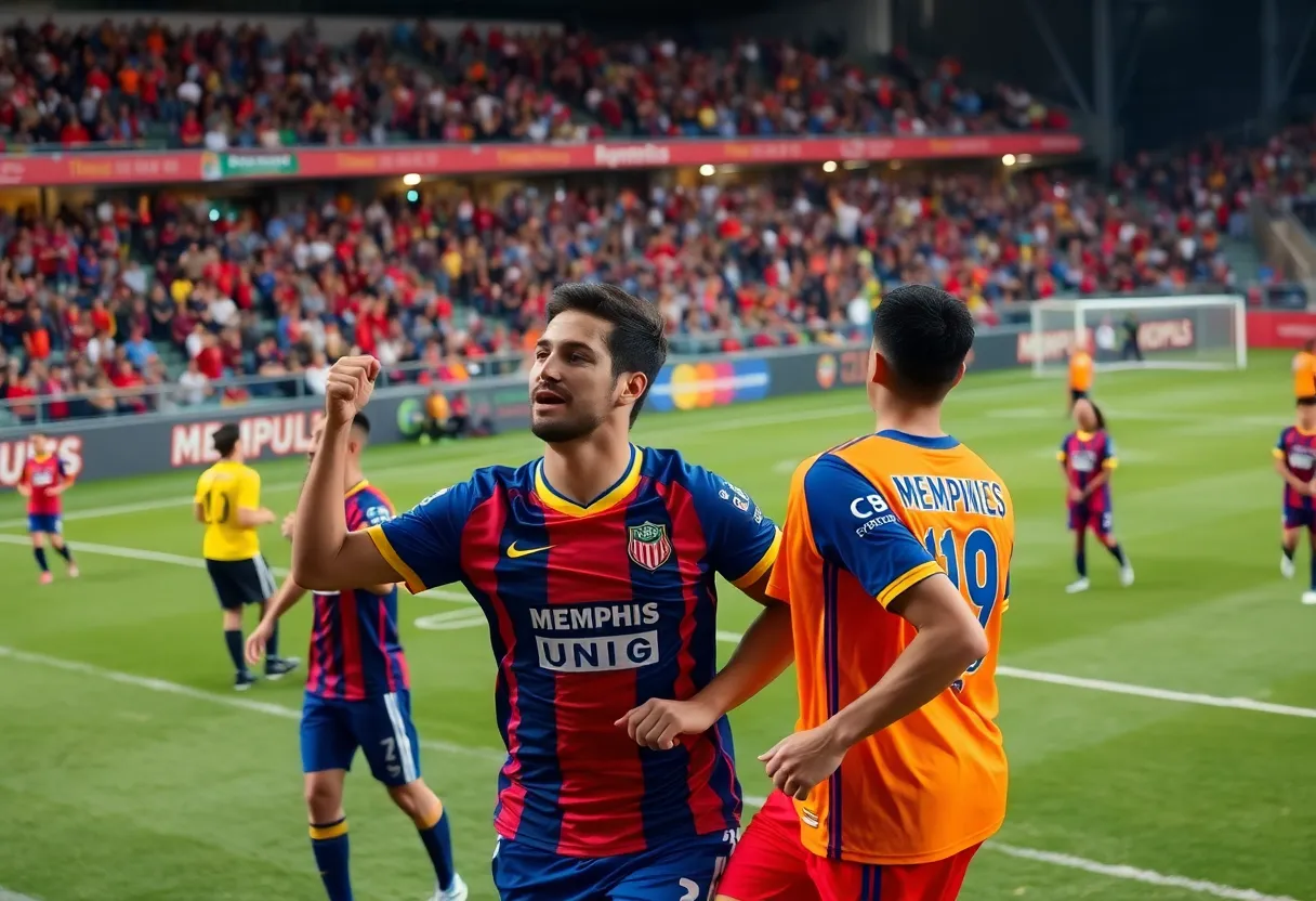 Fans cheering at a Memphis FC soccer game in a local stadium