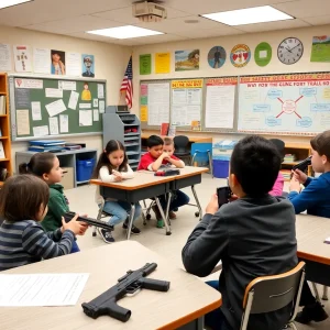 Students participating in a gun safety lesson in a classroom